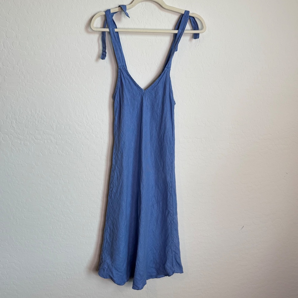 Puro Lino Made in Italy Blue Linen Tie Shoulder Midi Dress V-Neck Lagenlook